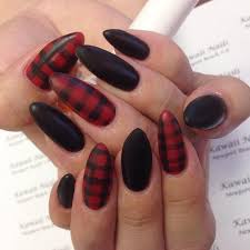 Black And Red Checkered Matte Black And Red Plaid Cal Gel Stiletto Nails By Mika Kawaii Nails Oc Ca Plaid Nails Kawaii Nails Red Gel Nails