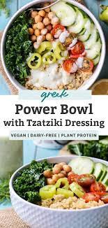Vegan Greek Power Bowl With Tzatziki Dressing Recipe Vegan Greek Recipes Healthy Greek Recipes Vegan Greek