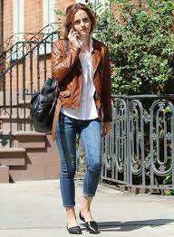 Emma Watson Celebrity Style Brown Slim Fit Biker Vintage Retro Leather Jacket Emma Watson Style Emma Watson Outfits Fashion