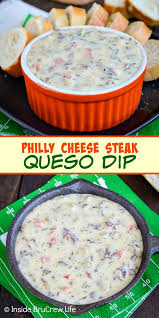 Philly Cheese Steak Queso Dip This Easy White Queso Is Loaded With Beef Peppers And Onions And It Tastes Like A In 2020 Queso Dip Recipes Velveeta Recipes Recipes