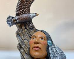 Vintage Hand Painted Native American Man Head With Eagle