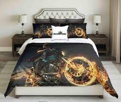 Biker On Fire Motorcycle At Night Design Bedding Set With Images Bedding Sets Bed Design Modern Bed