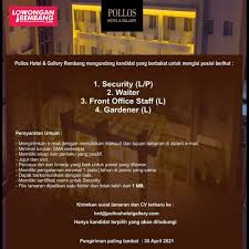 / pionir istilah loker identik dengan lowongan kerja, situs loker.id hadir sejak 2007 mempermudah cari pekerjaan dan perekrutan karyawan. Lowongan Kerja Security Waiter Front Office Staff Gardener Pollos Hotel Gallery Rembang Lowongan Rembang