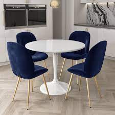 Dining table set kitchen table and chairs dining table for 4 dining room table set for small spaces home furniture rectangular modern fdw. White Round High Gloss Dining Table With 4 Dining Chairs In Navy Blue Velvet Furniture123