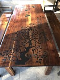 Wood And Steel Table Engraved Table Wooden Table Top Metal Table Top