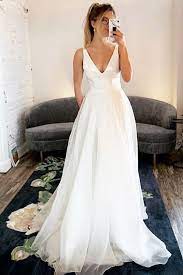 Simple Ivory Long Wedding Dress With Pockets Cheap Wedding Dresses Under 200 On Storenvy V Neck Wedding Dress Wedding Dress With Pockets A Line Wedding Dress