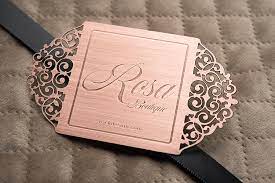 Market your new business launch effectively with this birthday sale flyer! Free Beautiful Cut Through Design Copper Metal Business Card Template Rosa Boutique