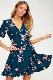 Dalton Teal Blue Floral Print Ruffled Wrap Dress Casual Dresses For Women Printed Wrap Dresses Women S Evening Dresses
