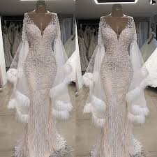 Feather White Evening Dresses Long Dubai Fashion Crystals Beaded Mermaid Luxury Evening Gown Vestido De Longo White Evening Dress Lace Evening Dresses Wedding Dresses