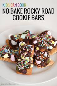 It won't take you more than 15 minutes to prepare so it's great for any night of the week no matter how busy you are. No Bake Rocky Road Cookie Bars An Easy Sweet Treat The Kids Can Make Baking Recipes For Kids Easy Baking Recipes Childrens Baking