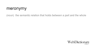 Meronymy synonyms, meronymy pronunciation, meronymy translation, english dictionary definition of meronymy. Meronymy Meaning Definition Of Meronymy At Webdictionary Co Uk