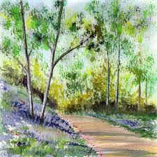 Watercolor landscape mountain fog maple tree stand alone and leaf falling to the wind in season. Bluebell Woods Original Watercolour Landscape Painting Flowers Gift Idea Art By Janet M Graham On Madeit