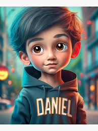 Cute cartoon style of a little boy wearing a black hoodie that says "DANIEL  " Poster