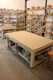 Ivar Shelves From Ikea Simple Wooden Tables With Space To Store Clay And A Shelf For Drying Slabs Ceramic Studio Pottery Studio Pottery Workshop