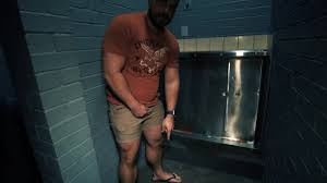 Rough and hunky daddy cleans up load off the public bathroom floor