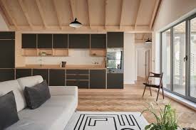 Interior Roof Ceiling Pitched Kitchen Black Wood Plywood Floor Courtyard Floorplan In 2020 Framed Cabinetry House Open Plan Living