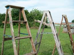 Old wooden ladder used to make a garden arbor. 6 Step Vintage Wooden Step Ladders For Decorating