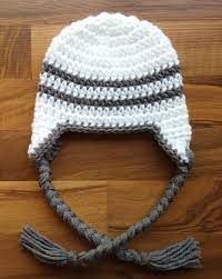 Crocheted Baby Boy Earflap Hat With Braided Ties White With Pewter Gray Baby Gift Sizes Newborn Earflap Hat Crochet Pattern Crochet Baby Crochet Baby Boy