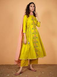 Buy Yellow Embroidered Cotton Suit With Peach Mulmul Dupatta Set Of 3 Online At Theloom Stylish Dress Designs Sleeves Designs For Dresses Fashion Attire