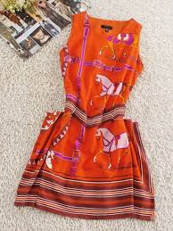 Orange Round Neck Sleeveless Horse Print Silk Dress Silk Print Dress Horse Print Dress Horse Print