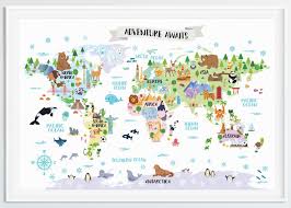 Adventure Awaits World Map Poster For Kids Room Decor Nursery Etsy In 2020 Kids World Map Map Nursery Nursery Printable Animals