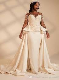 Discount Amazing Pearls Designer African Wedding Dresses Bridal Gowns Long Illusion Sleeves Bead Cape Wedding Dress Wedding Gowns Cheaper African Wedding Dress