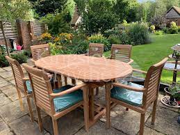 Picket house furnishings keaton 5 piece round dining set. Teak Garden Dining Table Plus 8 Chairs Cushions And Parasol