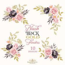 Black And Gold Watercolor Flowers Clipart Blush Pink Black Etsy Digital Flowers Gold Watercolor Watercolor Flowers