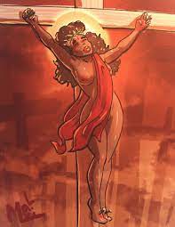 1girls 2022 armpits artist signature breasts brown hair  christianity closed eyes convenient censoring cross crown of thorns  crucifixion dark skin easter female female focus female only freckles  freckles on