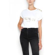 Balmain Black And Gold T Shirt Balmain Cotton T Shirt With Gold Logo And Buttons On Shoulder 165 Liked On Polyvore Featuring Tops T Shirt Clothes Design T Shirts For Women Cotton Shirt