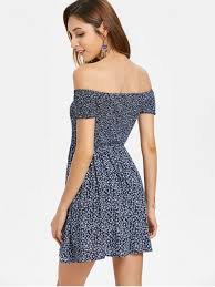 Tiny Floral Smocked Off Shoulder Dress Dark Slate Blue Off Shoulder Dress Mini Dresses Summer Mini Dress