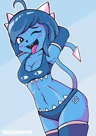 geometry dash, ahoge, armpits, arms behind head, bikini, blue eyes, blue  hair, blue skin, blush, colored skin, demon tail, sharp teeth, spikes,  swimsuit, tail, teeth, thighhighs, tongue, tongue out - Image View - |