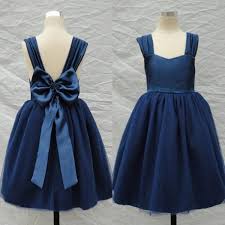 Dark Blue Flower Girl Dresses Square Sleeveless Communion Dresses Tea Length Tulle Pageant Dresses For Girls Backless With A Bow Flower Girl Tutu Dress F Bambini