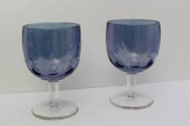 Theresienthal colored crystal incised stem goblet set. Vintage Crystal Stemware Bar Glasses