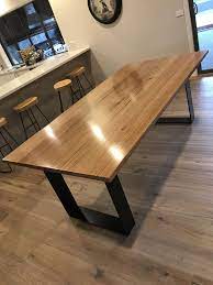 Recycled elm wood table top in aztec pattern. Messmate Timber Dining Table Black Metal Legs Kayu Besi Kaki