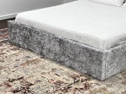 Queen sized upholstered storage bed with a sturdy hydraulic lift system and a neat beige velvet finish. Siena Queen Size Gas Lift Storage Bed Frame Silver Crushed Velvet Fabric Upholstered