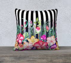Black And White Striped Throw Pillow Covers Striped Watercolor Garden Cushion Cover Black White Throw Etsy White Decorative Pillows Floral Cushion Covers Black And White Cushions
