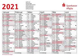 Wir haben einen speziellen kalender 2021 zum ausdrucken als pdf für sie erstellt. Kalender 2021 Mit Bayerischen Ferien Und Feiertagen Sparkasse Allgau