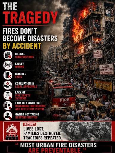 NDIA'S URBAN FIRE CRISIS. Most fire disasters are not accidents. They are the result of ignored warnings, weak enforcement, unsafe construction practices, inadequate preparedness, and a lack of preventive technology. Every blocked