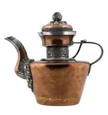 Teapot Of Copper With Lid Attached By Chain Straight Flared Sides With Narrow Neck And Faceted Spout Silver Mounts Wit Tea Pots Miniature Tea Set Tea Kettle