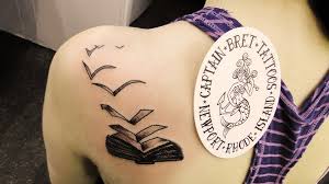 Amazing Black Ink Book Tattoo On Left Back Shoulder Literary Tattoos Book Tattoo Book Lover Tattoo
