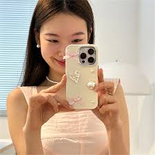 Koreańskie etui na telefon Cute Big Pearl 3D Laser Love Heart Pink Bow do  iPhone'a 15 14 13 12 11 ProMax XR Plating Lens Protection Cover