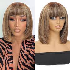 10 英吋(約 30.8 公分)鮑勃假髮 無膠 高亮直 Bob 假髮 附劉海 真髮,適合日常穿著 2.5 x 1 英吋(約 2.5 x 1  公分)蕾絲鮑勃假髮 真人頭髮 180 密度分層,適用於黑人女性