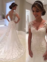 Trumpet Mermaid Sweetheart Short Sleeves Sweep Brush Train Lace Wedding Dresses Fairyin Dress