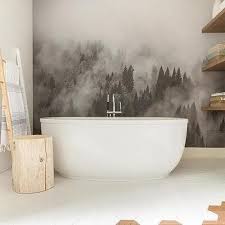 Stick to a variation of cool blue tones to create a soothing effect that encourages relaxation and an opportunity to unwind. Bathroom Black And White Mountains Mural Design Ideas