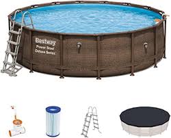 Bestway Power Steel Deluxe 488x122 Cm Frame Pool Rund Im Komplett Set Mit Filterpumpe Skimmer Leiter Und Abdeckplane Amazon De Garten