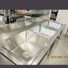 Triple bowl pot sink (model p3 ), manufactured from grade 304 stainless steel 1,2 mm thick with a 150 mm high integral splash back and 50 x 10 mm turn down with a beaded edge on the remaining. Triple Sink Trijaya Kitchen Sarana