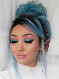 Short Starry Sky Black Roots Blue Ombre Synthetic Lace Front Wig Light Blue Hair Blue Brown Hair Hair Color
