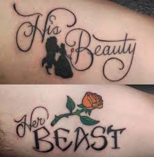 They are beautiful big flowers that come in red and pink color denoting perfection. His Beauty Her Beast Beautyandthebeasttattoo Tattoo Beautyandthebeast Beauty And The Beast Tattoo Couples Tattoo Designs Him And Her Tattoos
