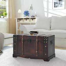 Large Wood Treasure Chest Vintage Coffee Table Storage Trunk Box Latch Handles Ebay
